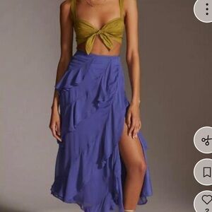 Anthropologie Blue A-Line Ruffle High Waist Slit Midi Skirt